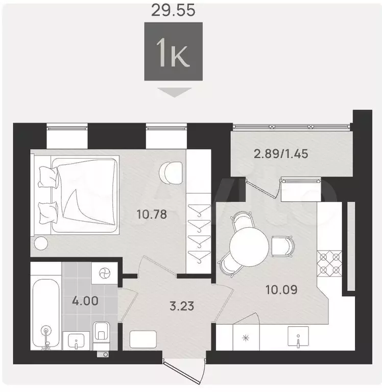 1-к. квартира, 29,6 м, 1/9 эт. - Фото 0