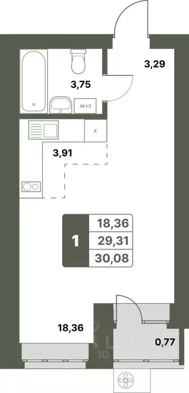 1-к кв. Башкортостан, Уфимский район, с. Миловка  (30.08 м) - Фото 1