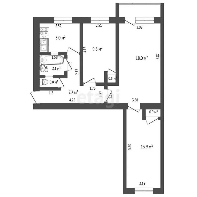 3-комнатная квартира: Чебоксары, улица Ленинского Комсомола, 12 (58.2 ... - Фото 1