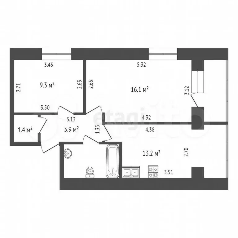 2-к. квартира, 42,5 м, 1/2 эт. - Фото 0