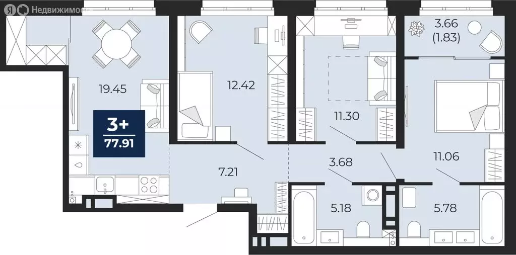 3-комнатная квартира: Тюмень, Ленинский округ, ЖК Беринг (77.91 м) - Фото 1