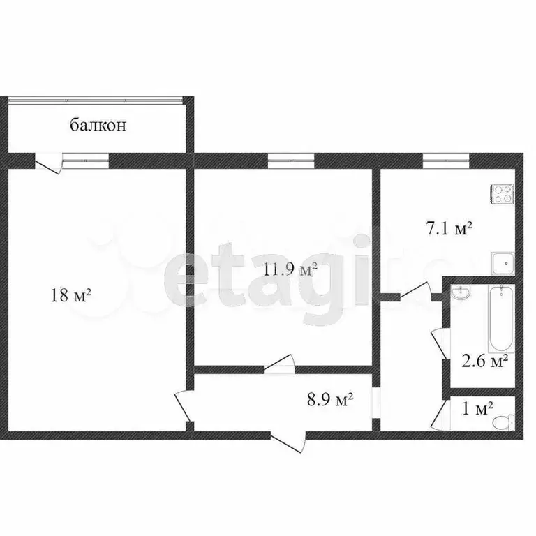 2-к. квартира, 44,6 м, 3/5 эт. - Фото 0