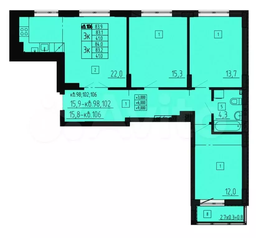 3-к. квартира, 84 м, 3/8 эт. - Фото 1