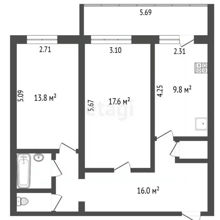 2-к кв. Калужская область, Калуга ул. Калужского Ополчения, 5 (62.0 м) - Фото 2