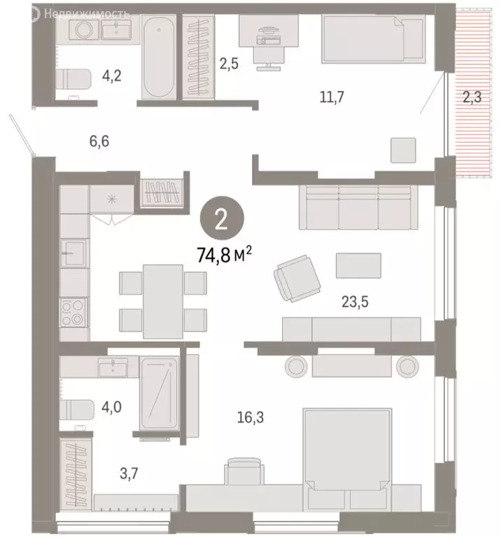 2-комнатная квартира: Тюмень, микрорайон ДОК, ЖК Октябрьский на Туре ... - Фото 2