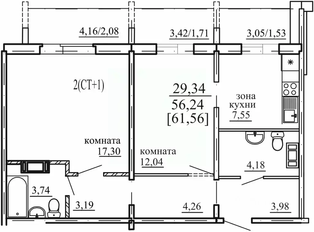 2-к кв. Челябинская область, Челябинск ул. Маршала Чуйкова, 28 (56.24 ... - Фото 1