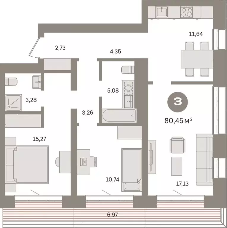 3-комнатная квартира: Тюмень, Причальная улица, 7 (80.45 м) - Фото 1