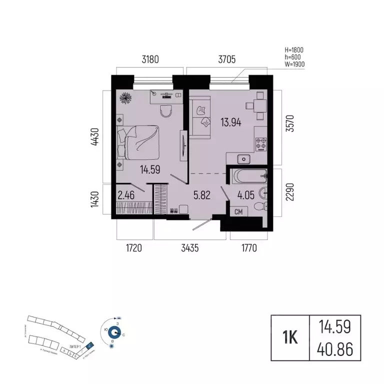 1-к кв. Башкортостан, Уфа Глумилино-1 мкр, Новатор жилой комплекс ... - Фото 0