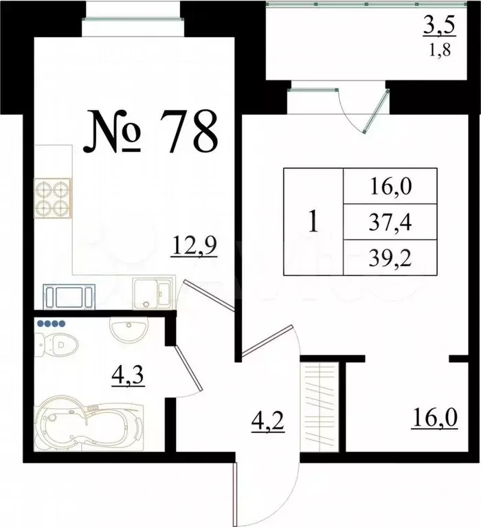 1-к. квартира, 39,2 м, 8/8 эт. - Фото 0