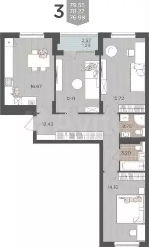 3-к. квартира, 78,3 м, 3/9 эт. - Фото 1
