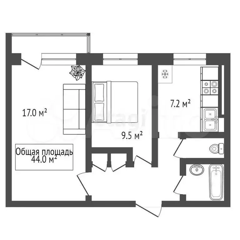 2-к. квартира, 44 м, 6/9 эт. - Фото 1