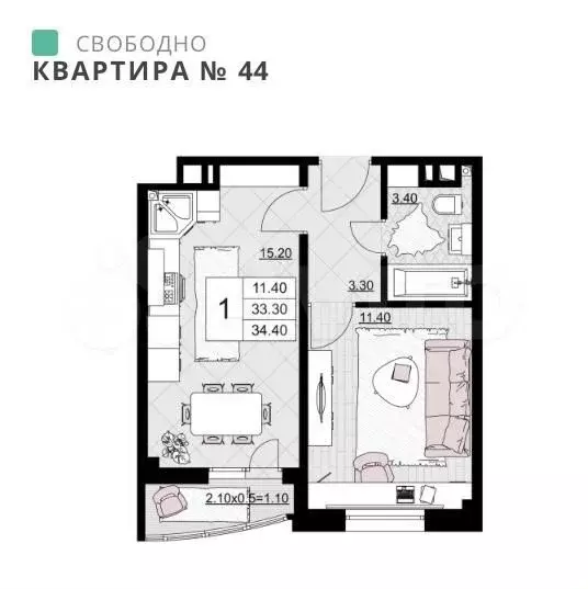 1-к. квартира, 34,4м, 5/9эт. - Фото 1