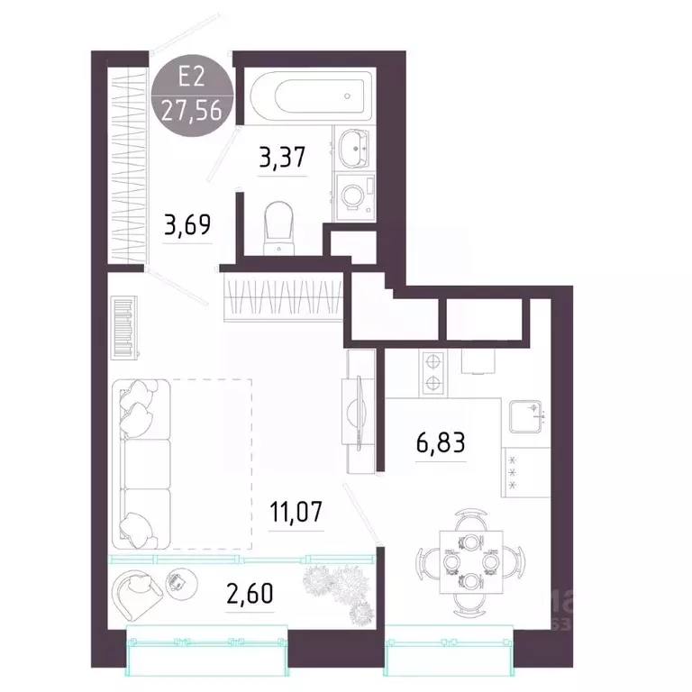 1-к кв. Тульская область, Тула ул. Пряничная, 7 (27.56 м) - Фото 1