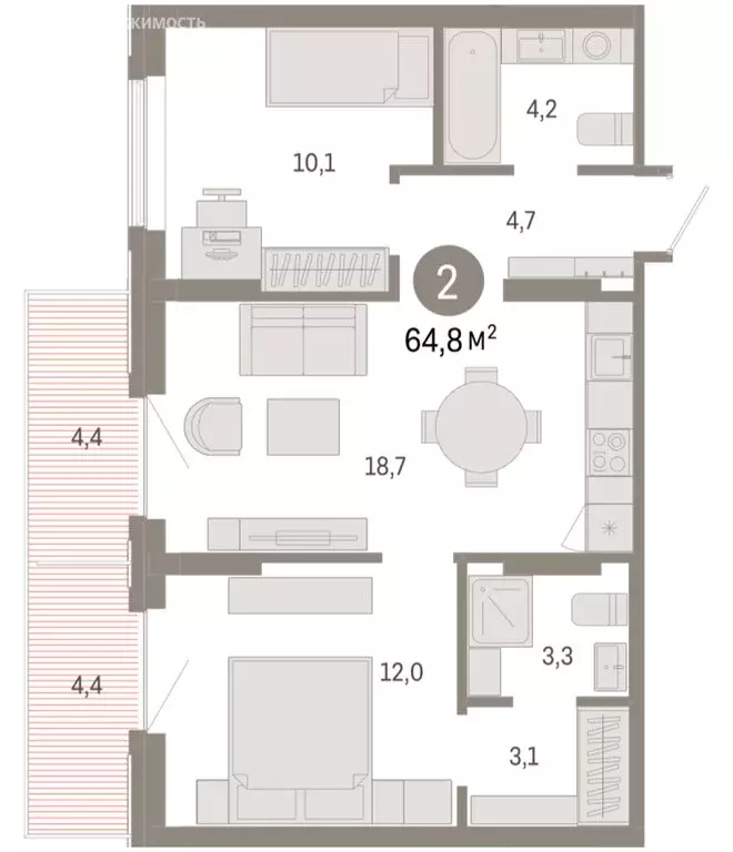2-комнатная квартира: Омск, Кировский округ (64.78 м) - Фото 1