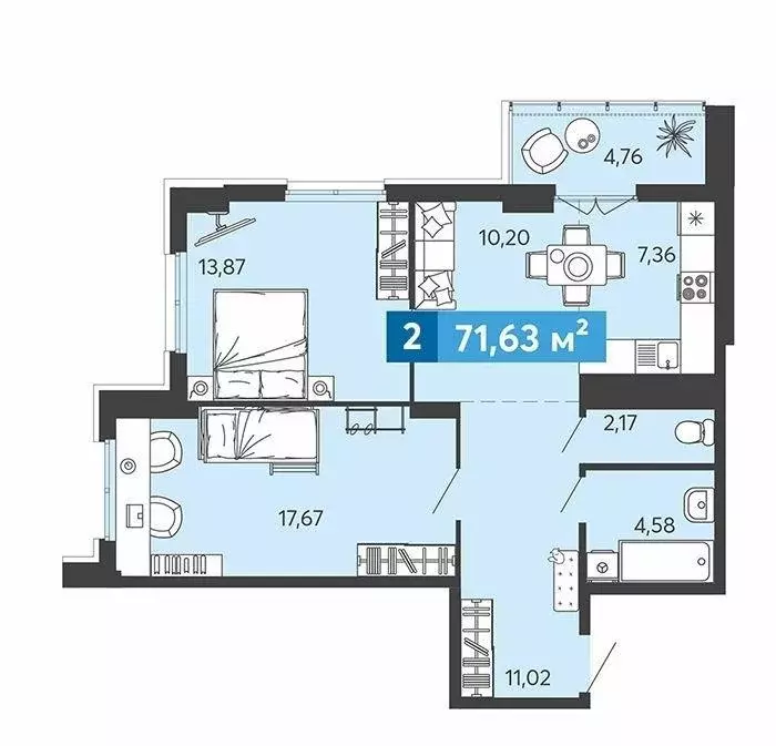 Квартира, 2 комнаты, 71.63 м - Фото 0