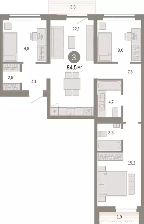 3-комнатная квартира: Новосибирск, Большевистская улица, с49 (84.54 м) - Фото 1