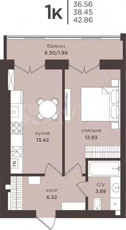 1-к. квартира, 38,5 м, 1/7 эт. - Фото 1