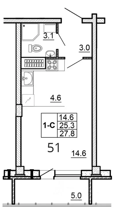 Студия Псковская область, Псков ул. Алексея Алехина, 14 (27.8 м) - Фото 1