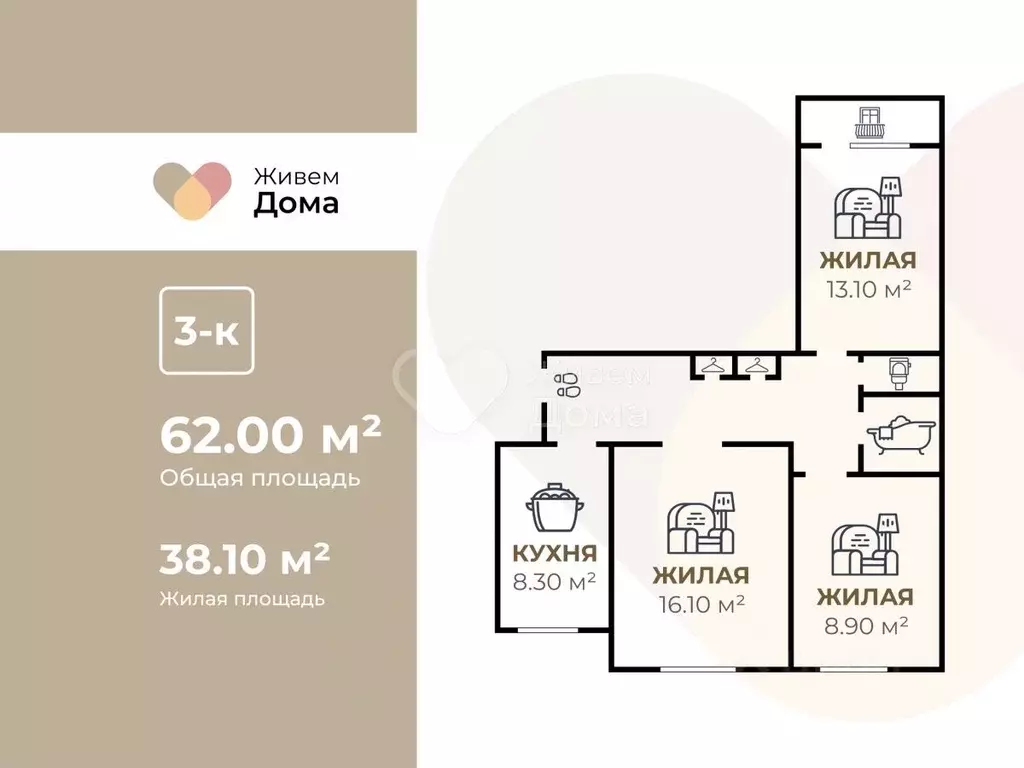 3-к кв. Волгоградская область, Волгоград Пролетарская ул., 55 (60.6 м) - Фото 1