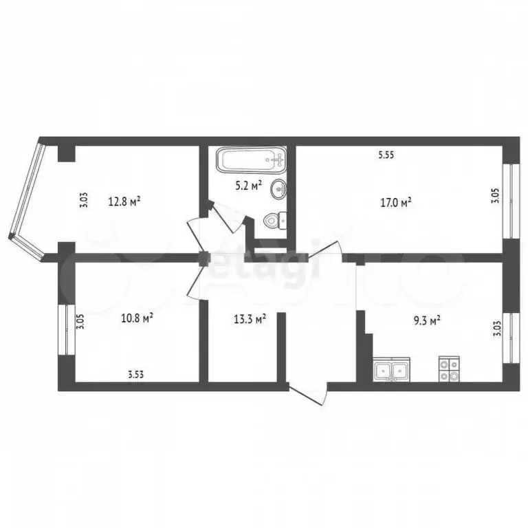 3-к. квартира, 68,4 м, 4/5 эт. - Фото 0