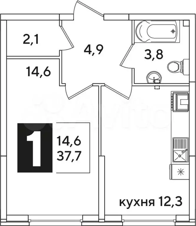 1-к. квартира, 37,7м, 2/16эт. - Фото 1