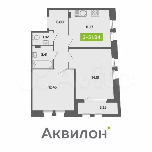 2-к. квартира, 52,1 м, 4/4 эт. - Фото 0