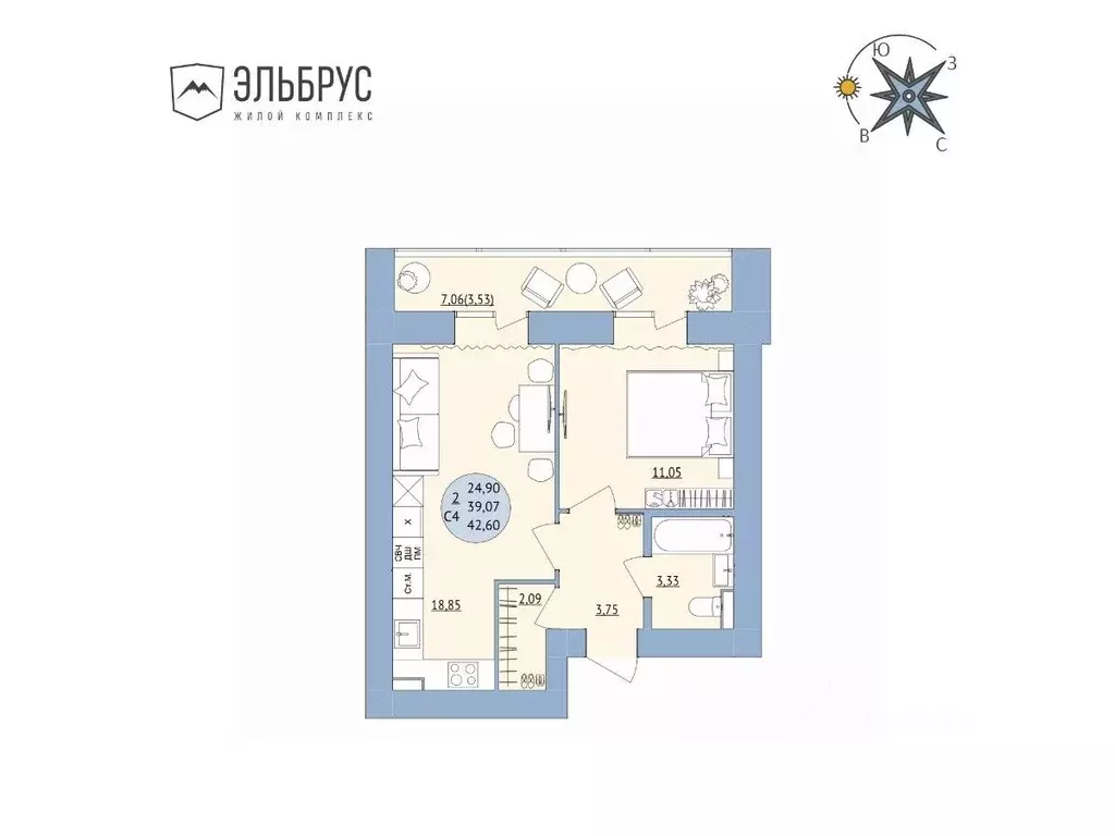 2-к кв. Башкортостан, Уфа Кавказская ул., 24 (42.6 м) - Фото 0