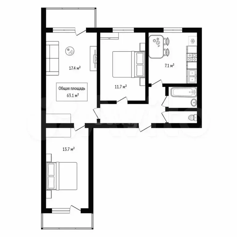 3-к. квартира, 63,1 м, 4/9 эт. - Фото 0