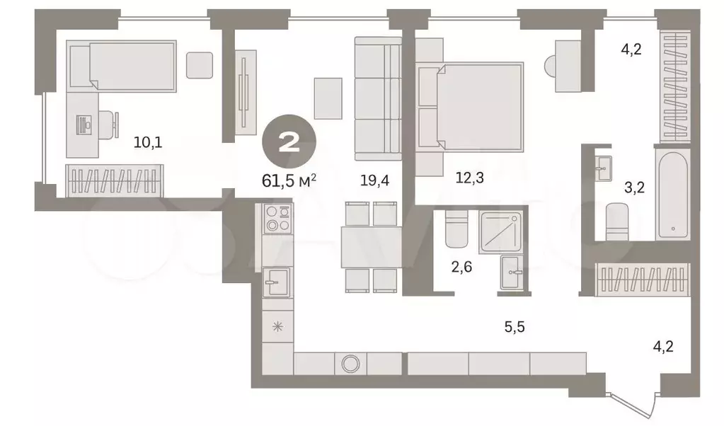 2-к. квартира, 61,5 м, 2/8 эт. - Фото 0
