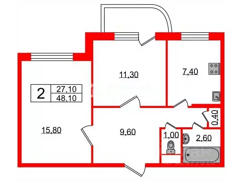 2-к кв. Санкт-Петербург ул. Маршала Новикова, 9 (48.1 м) - Фото 1