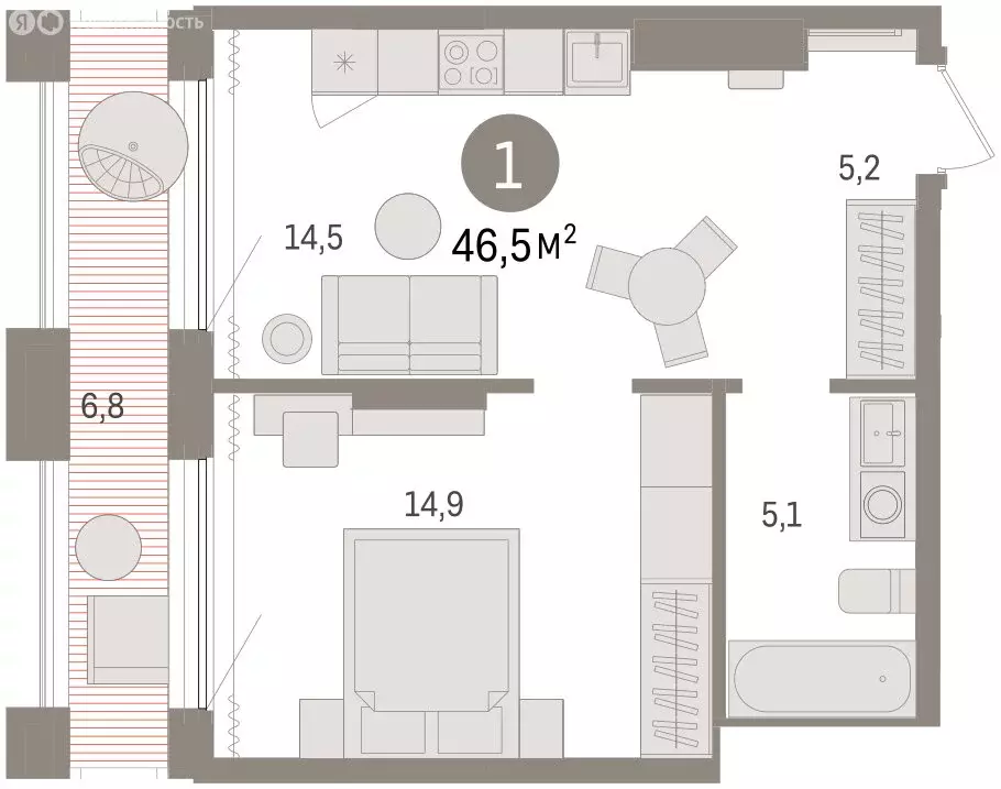 2-комнатная квартира: Тюмень, Краснооктябрьская улица, 4 (45 м) - Фото 2