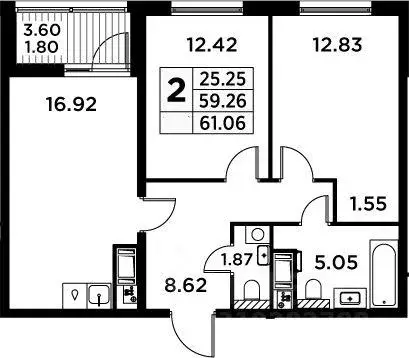 Квартира, 2 комнаты, 62.3 м - Фото 0