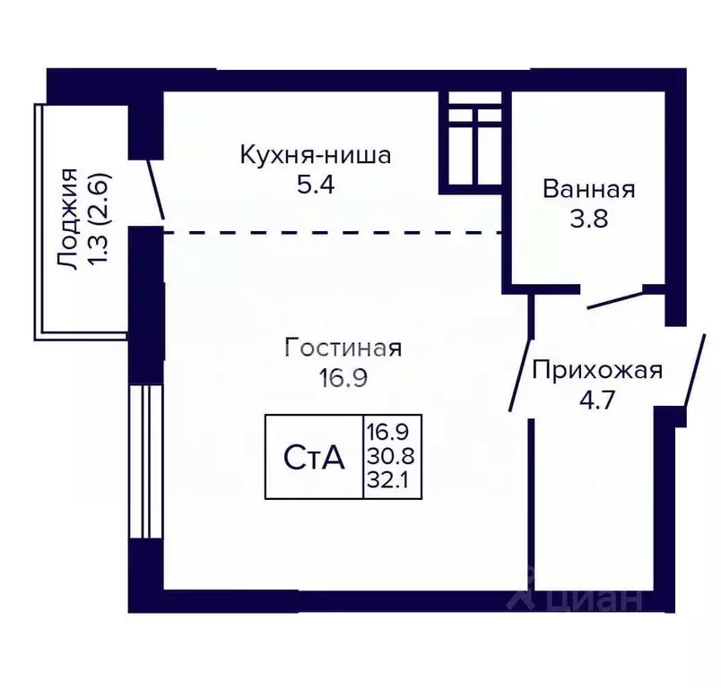 Студия Новосибирская область, Новосибирск ул. Бородина, 56 (32.1 м) - Фото 1