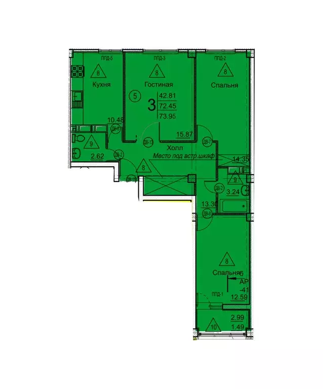 Квартира, 3 комнаты, 73.95 м - Фото 1