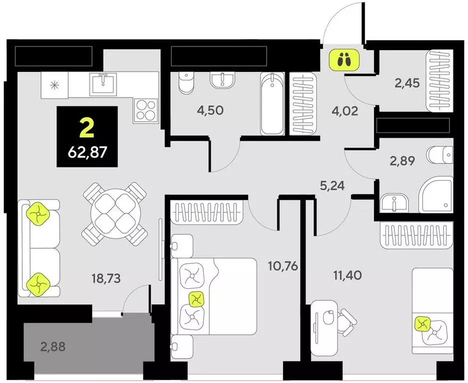 2-комнатная квартира: Тюмень, жилой комплекс Мотивы (62.87 м) - Фото 1