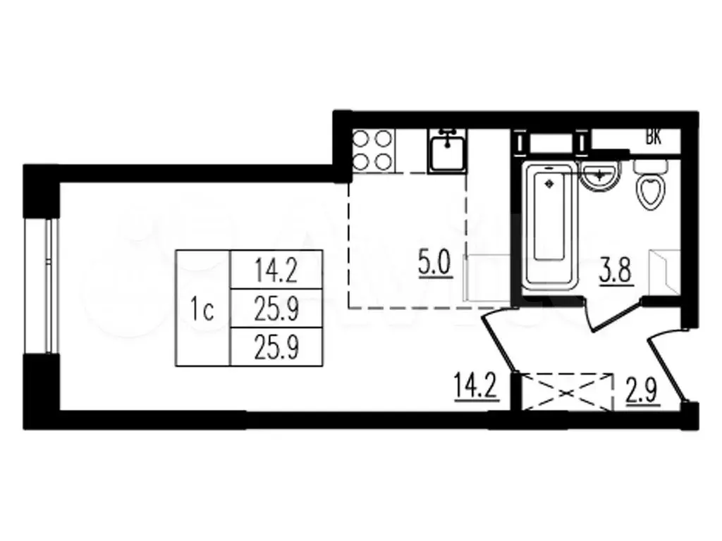 Квартира-студия, 25,9 м, 8/9 эт. - Фото 0