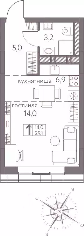 Студия Пермский край, Пермь ул. Серебристая, 3А (29.1 м) - Фото 0