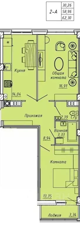 2-к кв. Ивановская область, Иваново Апрельская ул., 95 (62.3 м) - Фото 0
