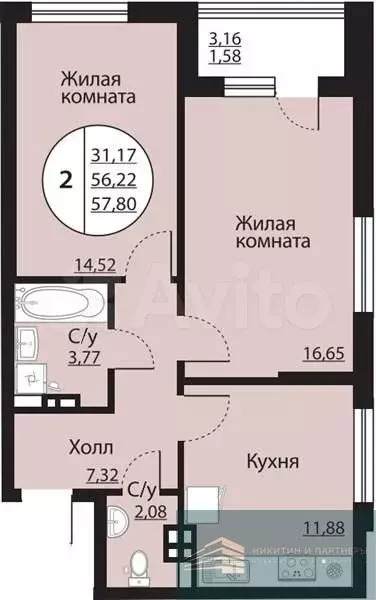 2-к. квартира, 57,8 м, 6/24 эт. - Фото 0