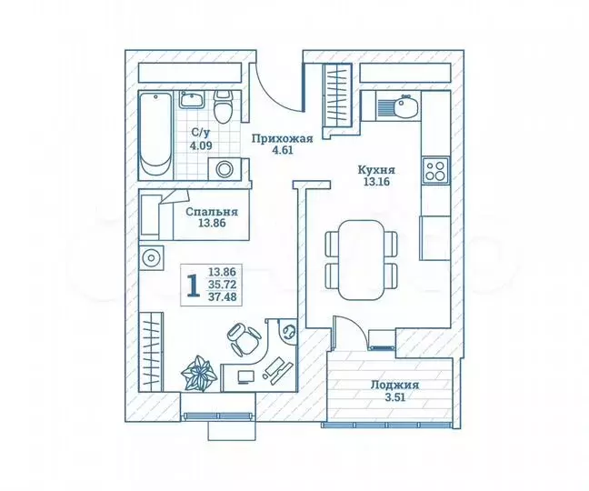 1-к. квартира, 37,5м, 2/7эт. - Фото 0