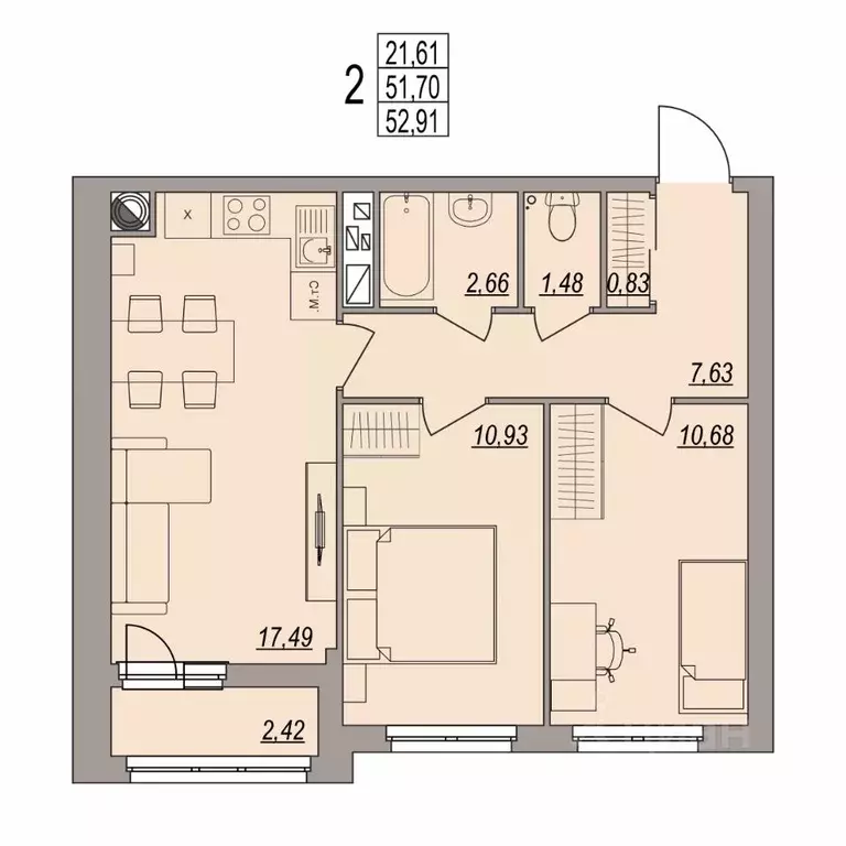 2-к кв. Волгоградская область, Волгоград ул. Дымченко, 9 (52.91 м) - Фото 1