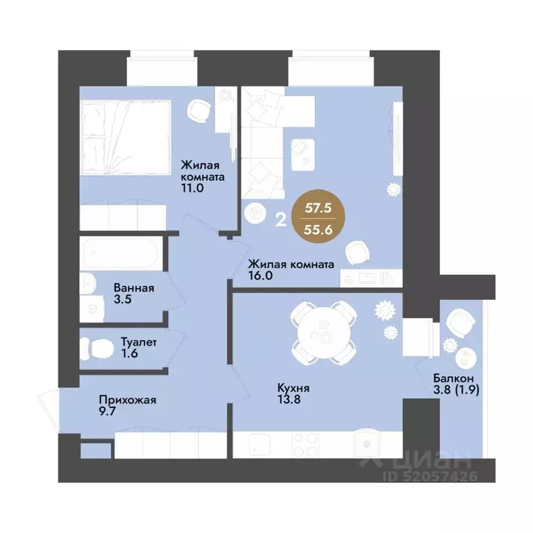 2-к кв. Вологодская область, Вологда ул. Преображенского (57.5 м) - Фото 1