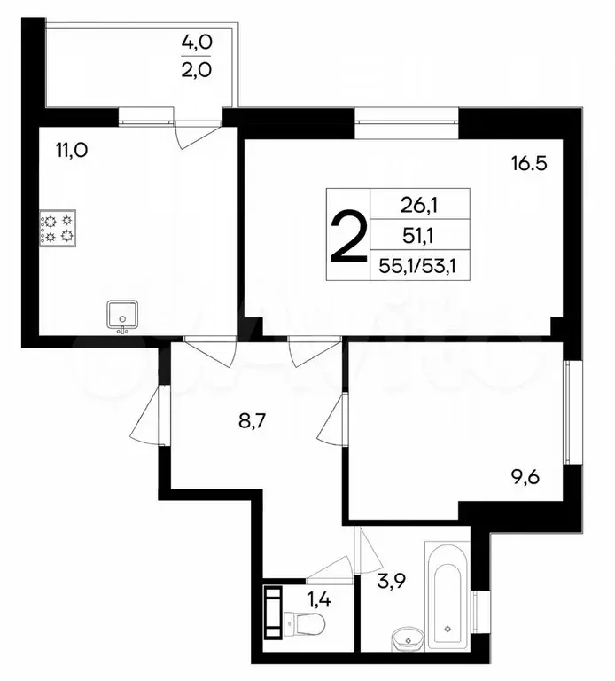 2-к. квартира, 53,1 м, 9/9 эт. - Фото 0