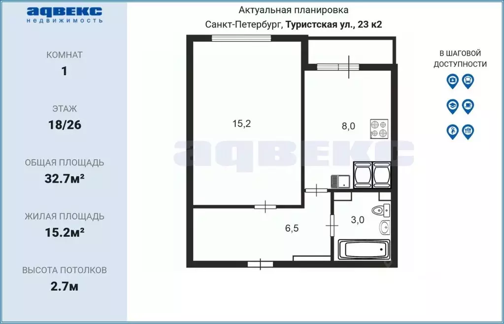 1-к кв. Санкт-Петербург Туристская ул., 23к2 (32.7 м) - Фото 1