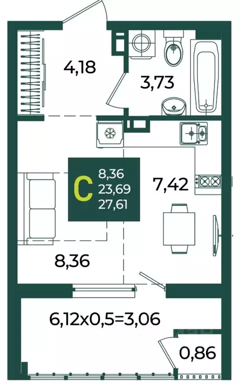 Студия Краснодарский край, Краснодар Образцово мкр,  (27.61 м) - Фото 1