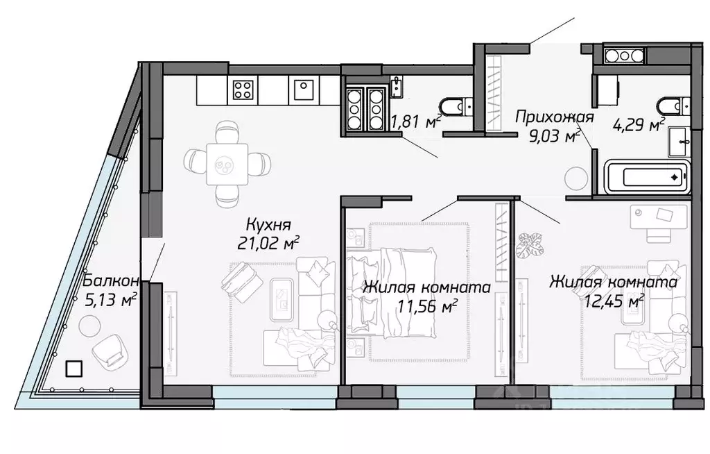 2-к кв. Марий Эл, Йошкар-Ола Два Капитана жилой комплекс (63.12 м) - Фото 1