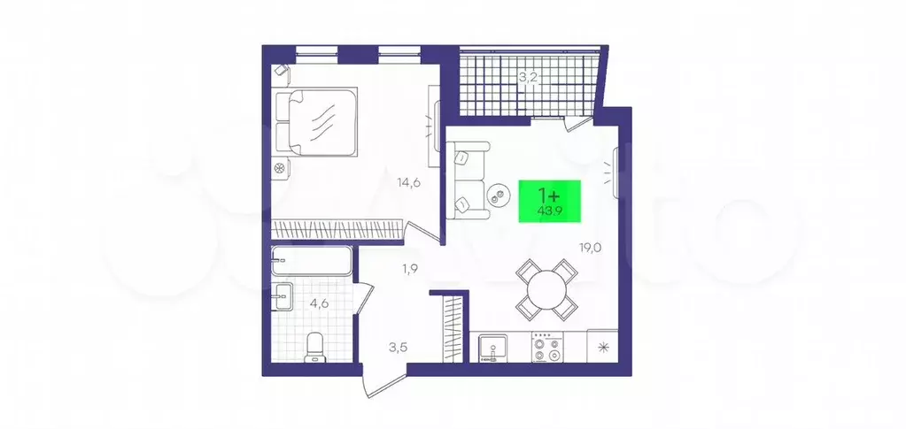 1-к. квартира, 43,9 м, 1/9 эт. - Фото 1