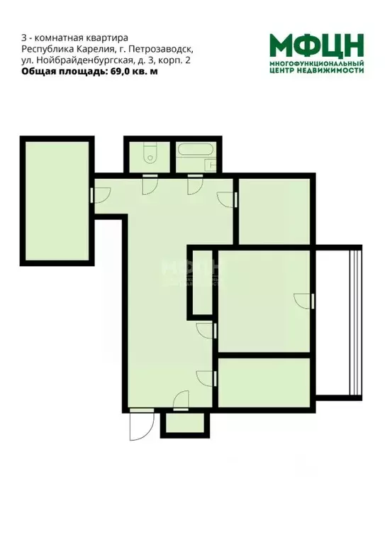 3-к кв. Карелия, Петрозаводск Нойбранденбургская ул., 3к2 (69.0 м) - Фото 1