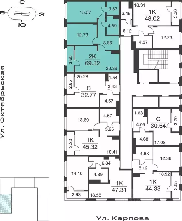 2-к кв. Тульская область, Тула ул. Карпова, 103А (69.32 м) - Фото 2
