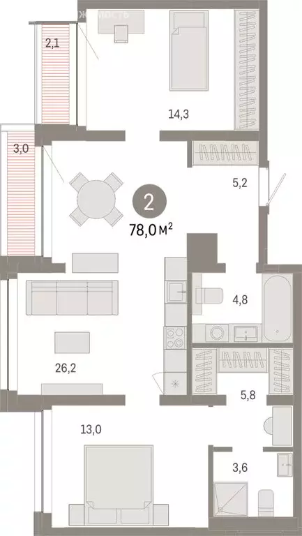 2-комнатная квартира: Тюмень, улица Муравленко, 9/2 (78.02 м) - Фото 1